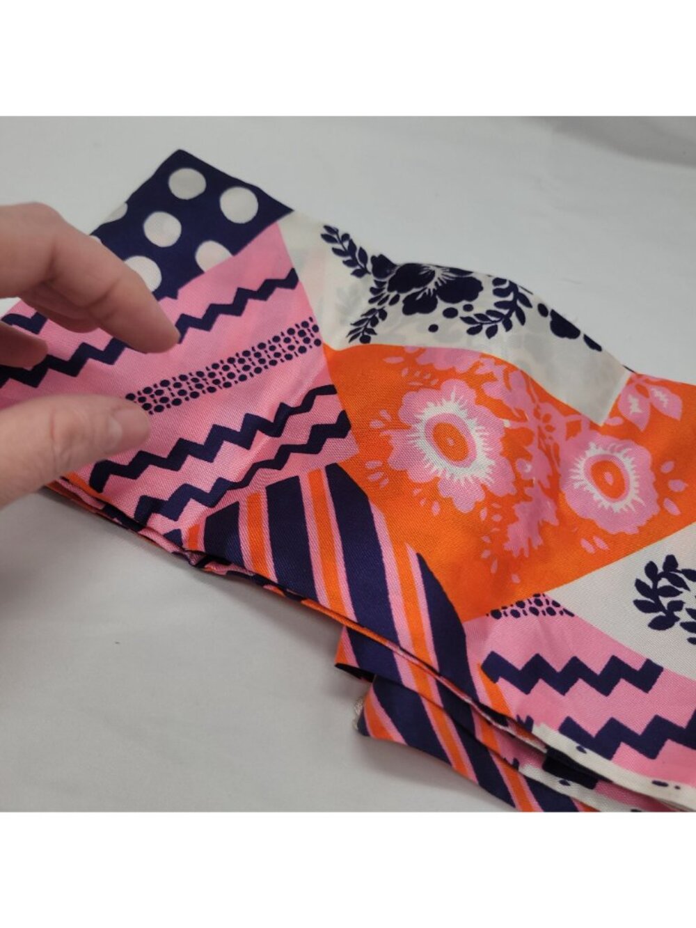 Vtg 60s Orange Purple Pink Patchwork Scarf Fringe Trim 64"x6" Groovy Retro Style - Picture 10 of 15